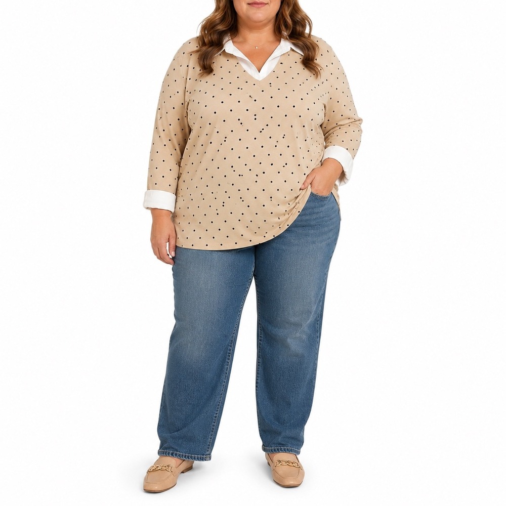 Karen‎ Scott Preppy Polka Dot Layered Look Collared Top Tan Black White Plus 2X